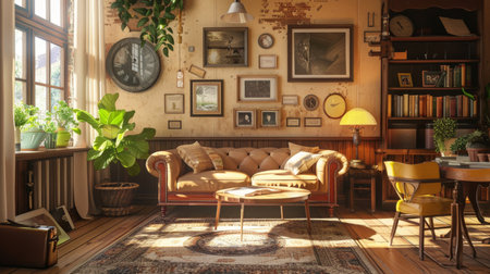 A cozy study room bathed in sunlight, adorned with eclectic wall art, lush green plants, and vintage furnishings for a serene ambiance.の素材