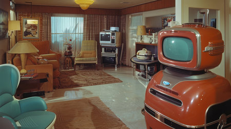 A retro 1970s living room with iconic vintage furniture and decor, featuring a distinctive orange TV set and patterned wallpapers.の素材