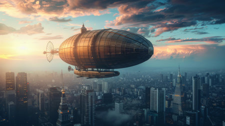 A steampunk-style airship flies over a contemporary city skyline bathed in the warm glow of a setting sun.の素材