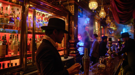 An elegantly dressed gentleman in a vintage speakeasy bar, mixing a drink amidst the rich, warm ambience of the prohibition era.の素材