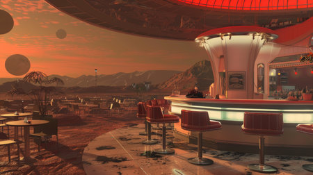 A retro-futuristic diner offers a panoramic view of a Mars-like landscape under a dusky sky, with a hint of vintage Americana on an alien world.の素材