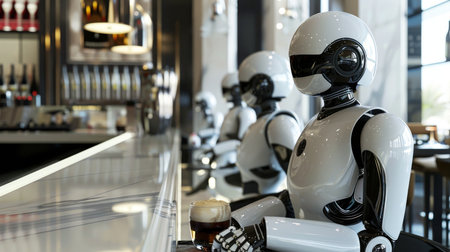 A humanoid robot is depicted sitting at a bar counter with a pint of beer, signifying futuristic leisure activities.の素材