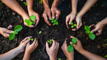 Hands of diverse ages and ethnicities come together to plant young green seedlings in rich soil, symbolizing community and growth.の素材