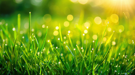Morning dew clings to blades of fresh green grass, shimmering in the golden sunlight of an early dawn.の素材