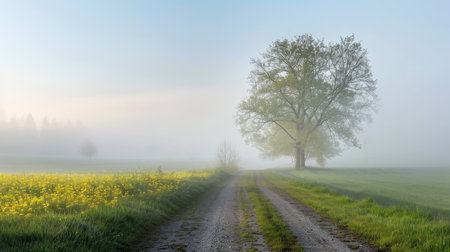 Early morning mist envelops a country road, with fresh wildflowers blooming along the path, leading to a lone tree in the serene landscape.の素材