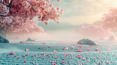 A serene landscape with cherry blossoms scattered across a tranquil, mist-covered lake at dawn.の素材