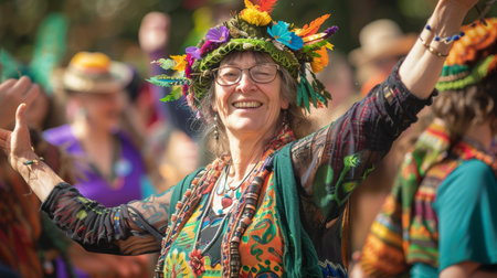 An elderly woman with a joyful expression and colorful flower crown dances at a lively folk music festival.の素材