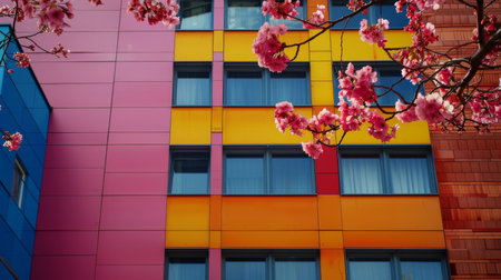 Cherry blossoms add a touch of natural beauty to the geometric vibrancy of a multicolored urban building facade.の素材
