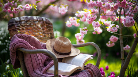 A cozy wicker chair adorned with a soft knitted throw and a straw hat invites leisurely reading among the springtime blossoms.の素材