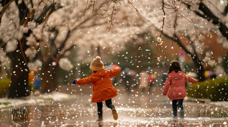 Two children experience the joy of spring as they play among falling cherry blossom petals in a sunlit park.の素材