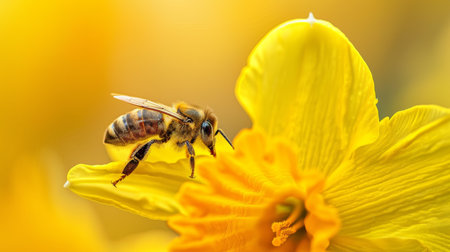 Macro shot of a honeybee with delicate wings landing on the textured petal of a vibrant golden yellow flower for pollination.の素材