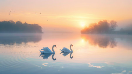 Two swans glide gracefully on a serene, mist-covered lake bathed in the warm glow of sunrise, with distant birds in flight.の素材