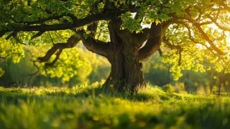 An ancient, majestic oak tree stands tall, its gnarled branches highlighted by the soft, golden light of a setting sun filtering through lush leaves.の素材