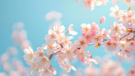 Bright pink cherry blossoms flourishing on branches set against a clear turquoise sky, symbolizing the arrival of spring.の素材