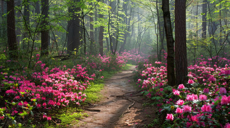 A winding forest path leads through lush greenery and vibrant pink azalea blooms on a sunny, misty morning.の素材