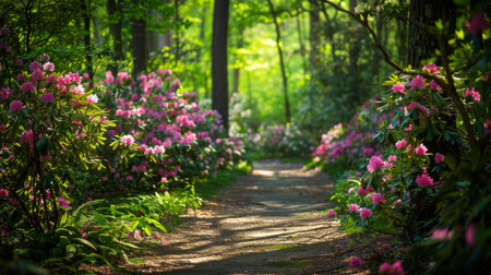 Sunlight filters through an enchanting forest canopy, illuminating a meandering path surrounded by lush pink rhododendron blooms.の素材