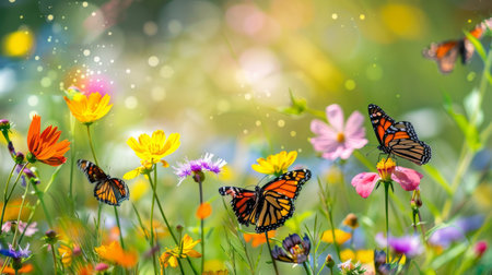 Vibrant monarch butterflies pollinating colorful wildflowers on a sunny day, depicting nature's beauty and biodiversity.の素材
