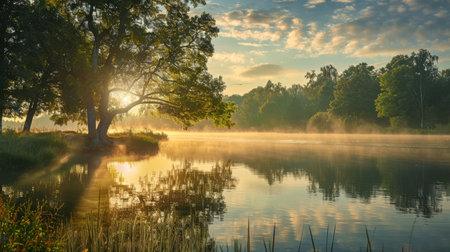 Early morning sun rays piercing through trees by a tranquil lake with mist hovering over the water, creating a peaceful scene.の素材