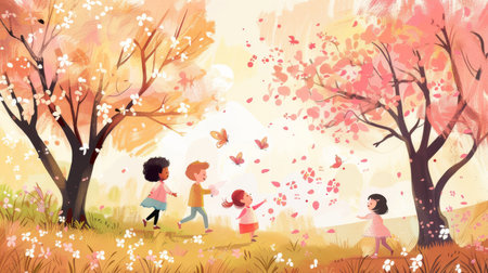 Illustration of joyful children chasing butterflies in a colorful meadow, surrounded by the warmth and freshness of spring.の素材