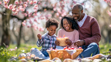 African-American family with a young boy laughing and enjoying a picnic among pink spring blossoms in a sunny park.の素材