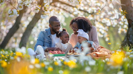A happy African-American family having a picnic among spring flowers and cherry blossoms, sharing a moment of joy.の素材