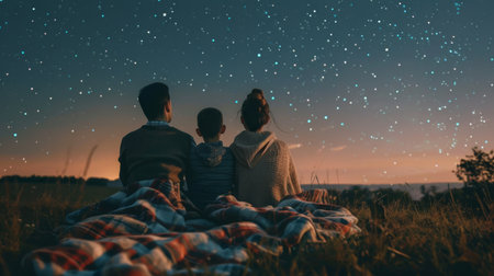 Back view of a family wrapped in a blanket, embracing each other while looking at a starry sky in the countryside.の素材
