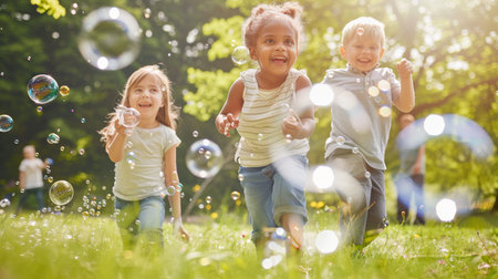 Joyful children chasing and popping soap bubbles on a sunny day in a green park.の素材