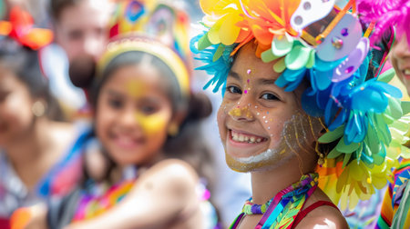 Close-up of a child's beaming smile, dressed in a festive and colorful costume with face paint at a carnival celebration.の素材