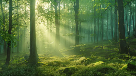 Misty sunrays filter through the canopy of an enchanted green forest, illuminating the lush undergrowth.の素材