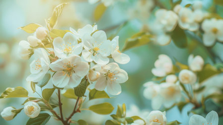 Close-up view of white apple tree blossoms in full bloom, with a soft-focus background in springtime.の素材