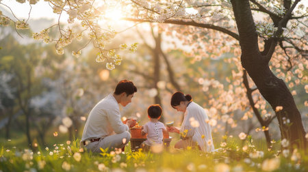 A young family is having a delightful time together during a spring picnic among the blooming cherry blossoms, highlighted by the soft sunset.の素材