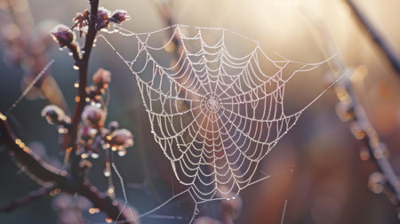 A delicate spider web is adorned with morning dew, glistening in the golden light of sunrise among budding branches.の素材