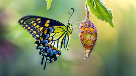 A swallowtail butterfly spreads its vibrant wings for the first time beside its chrysalis, symbolizing transformation and new life.の素材