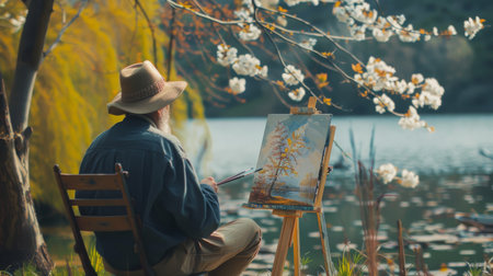 An artist sits peacefully by the water, capturing the serene beauty of a blossoming tree on canvas, enveloped in the tranquility of nature.の素材