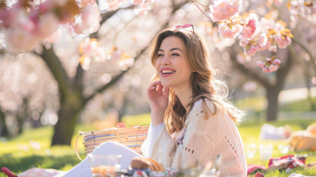 Smiling young woman having a picnic under blooming cherry blossoms on a sunny day.の素材