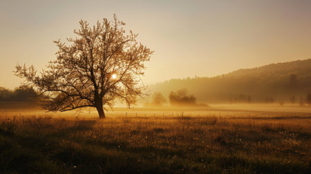 A lone tree stands in a field bathed in the warm glow of a misty sunrise, with the light casting a golden hue over the tranquil landscape.の素材