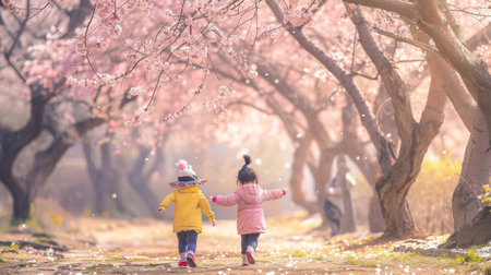 Two young children wander down a dreamy cherry blossom-lined pathway, petals falling gently around them in the soft light.の素材
