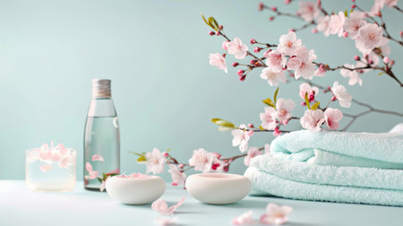 A serene spa setting with fresh cherry blossoms, soft towels, a candle, and a bottle of water on a calm blue background.の素材