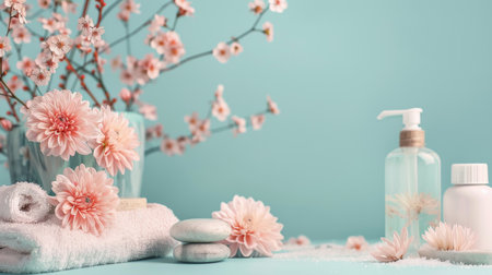 A tranquil spa arrangement featuring pale pink flowers, fluffy towels, pebbles, and skincare bottles on a soft blue backdrop.の素材
