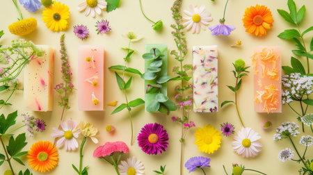 A colorful flatlay of handmade soaps decorated with natural flowers and leaves, arranged on a soft yellow background.の素材