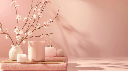 A soothing spa setup with cherry blossoms in a vase, a scented candle, and bath accessories casting soft shadows on a pastel pink background.の素材