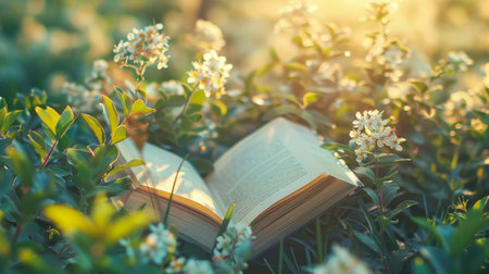 An open book lies within the embrace of a blossoming bush, illuminated by the gentle rays of the setting sun.の素材
