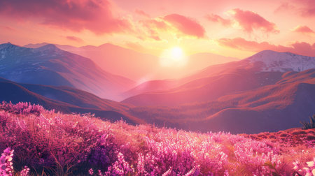 A breathtaking sunrise illuminates a valley of flowering shrubs in a mountainous landscape, painting the scene in warm, golden hues.の素材