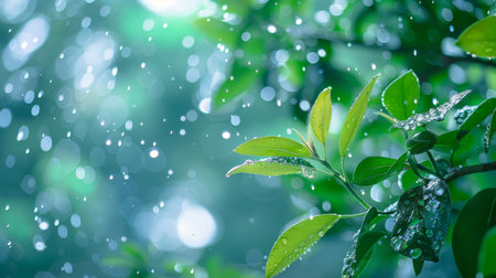 Vibrant green leaves are adorned with glistening raindrops, with sunlight filtering through, creating a magical bokeh effect in the background.の素材