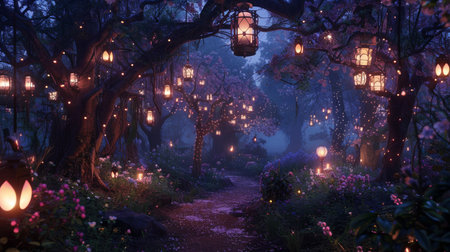 A captivating pathway in a forest, enchantingly lit by lanterns and fairy lights amidst blooming trees at dusk.の素材