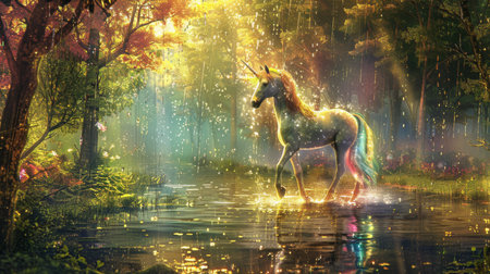 A sparkling rainbow unicorn wades through a mystical pond, surrounded by a luminous forest with falling light particles.の素材
