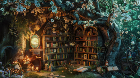 A magical tree library glows warmly under the soft light of cherry blossoms at night, an inviting scene of fantasy and wonder.の素材