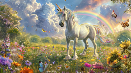A radiant unicorn with a colorful mane stands in a blooming meadow, complete with a backdrop of a rainbow and butterflies.の素材