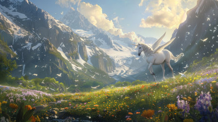 A winged unicorn stands in a blossoming alpine meadow with towering snow-capped mountains and soaring birds in the background.の素材