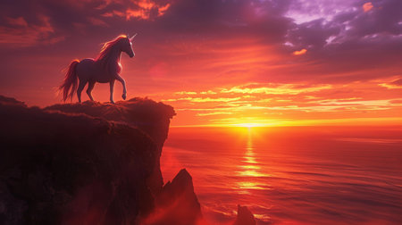 A silhouette of a majestic unicorn stands atop a cliff, gazing at a breathtaking ocean sunset with vivid red and purple skies.の素材